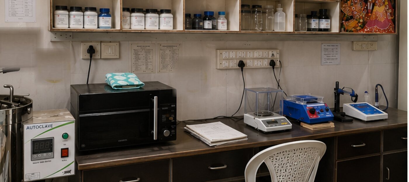 Instrument bench with weighing balance, magnetic stirrer and chemical storage