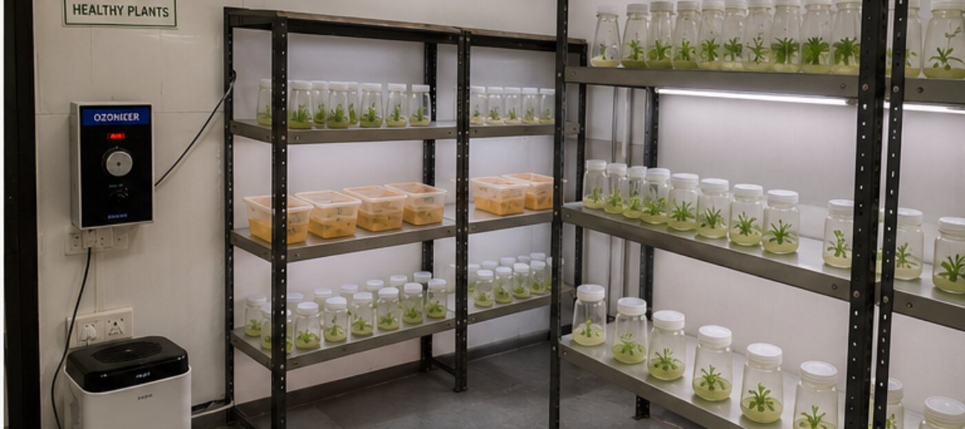 Plant tissue culture grow room with shelves of in vitro cultures