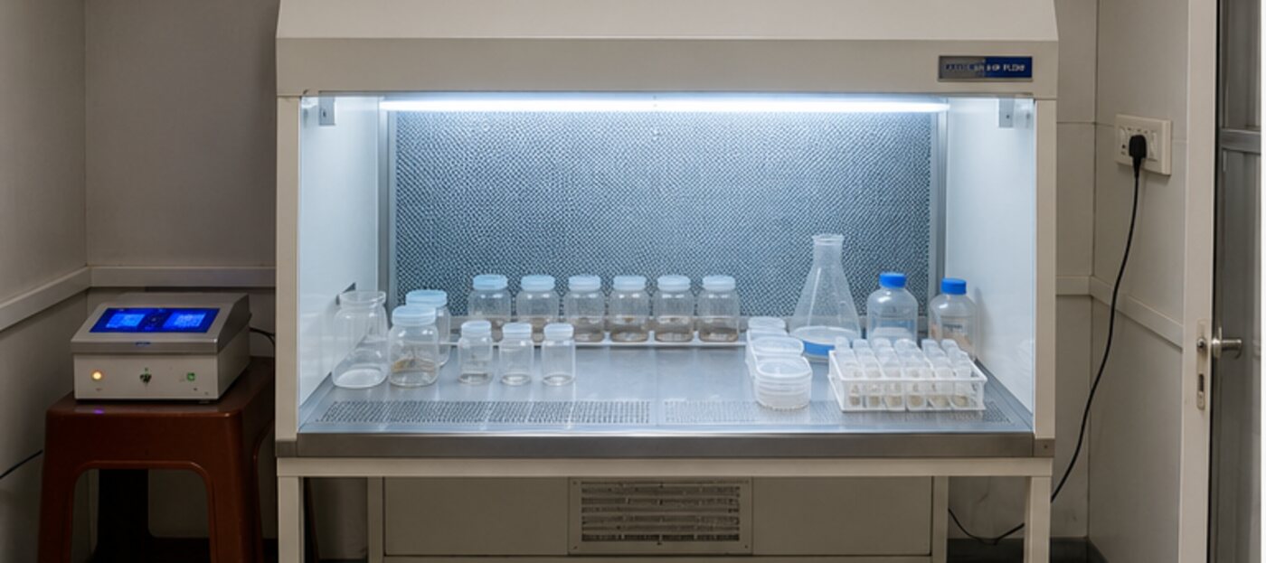 Laminar air flow cabinet with prepared media bottles